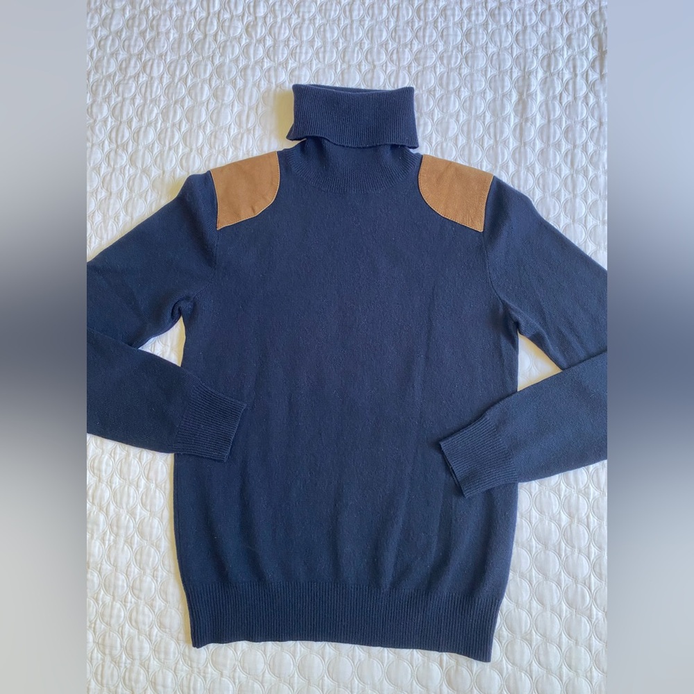 Ralph Lauren Women’s Navy Turtleneck Sweater M Cashmere Wool Brown Patches